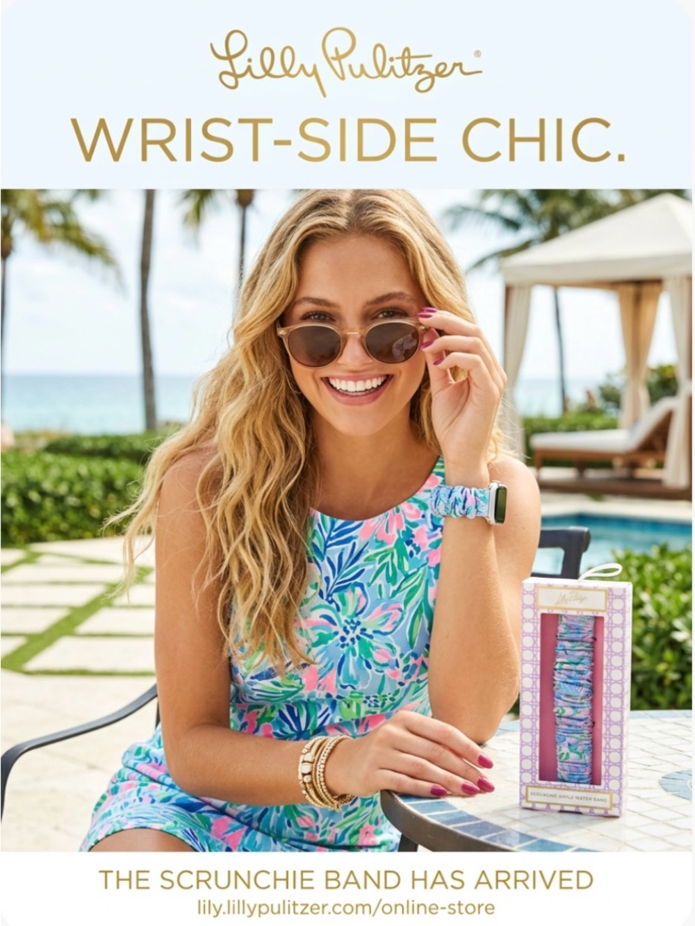 New ~ Lilly Pulitzer Tropical Floral Scrunchie Watch Band — Blue, Pink & Green